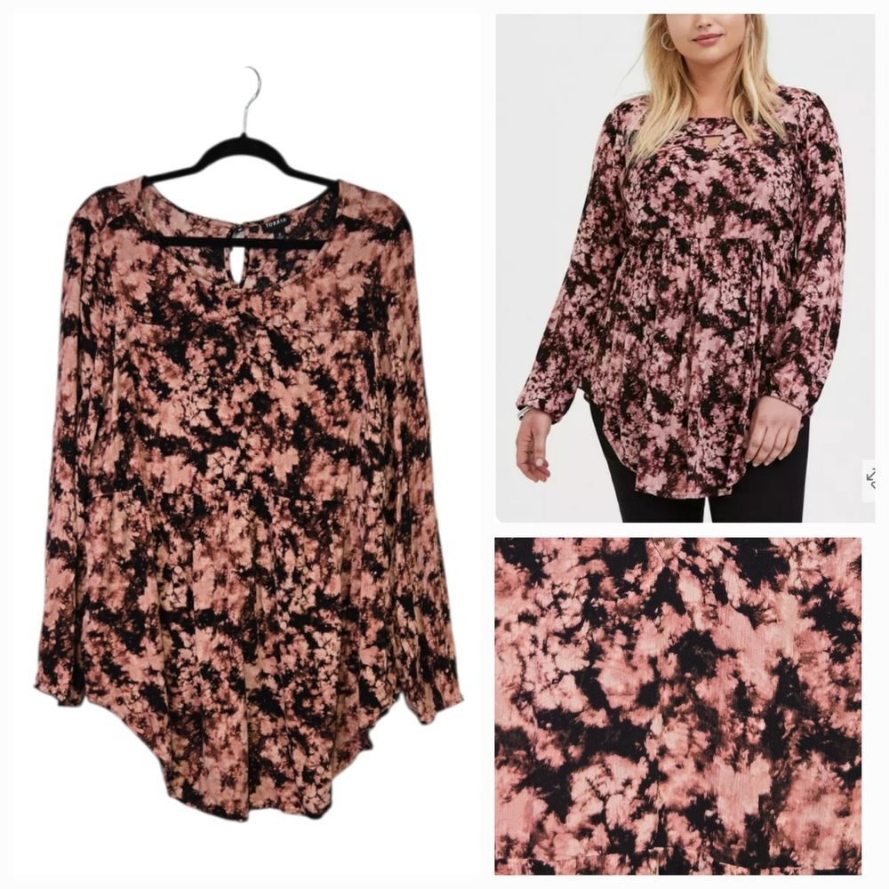Torrid Pink Tie Dye Gauze Babydoll Tunic Top Keyhole Front Flowy Asymmetrical 2x